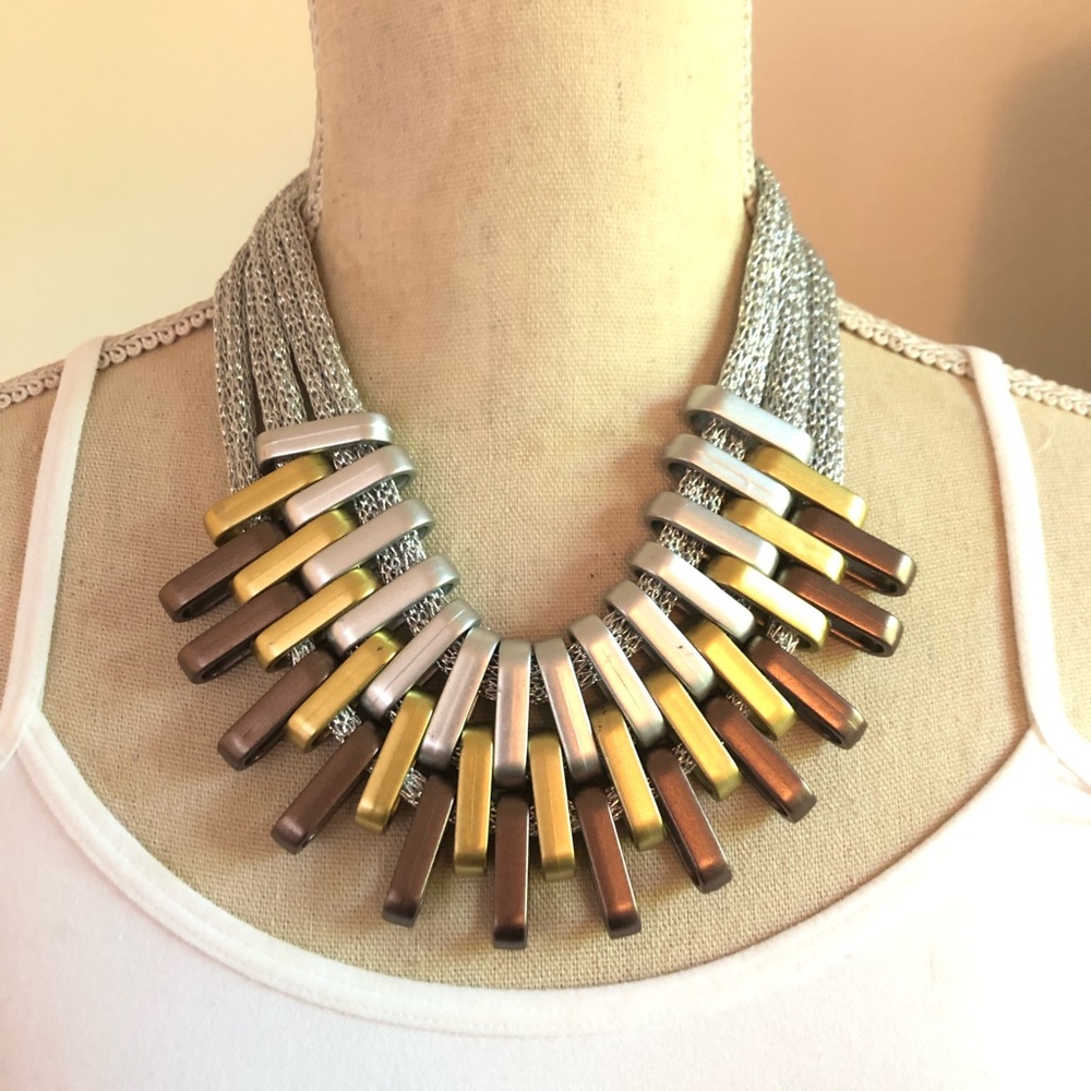 Bold tri tone metal multi strand braided necklace